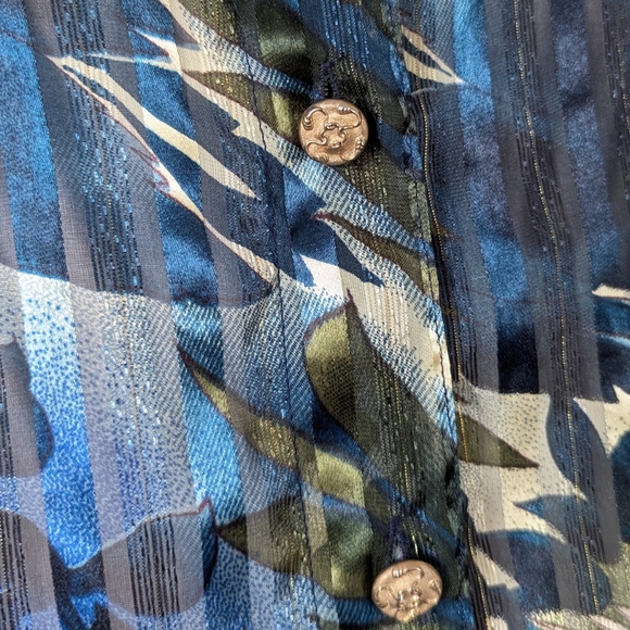 Vintage Sheer Tropical Top 20W Sparkling Gold Buttons Green Blue Button Down 2X - Picture 4 of 8